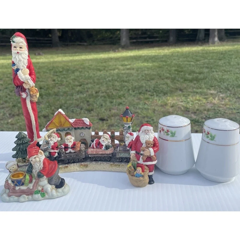 Christmas Santa Figurine Decor Lot Train Gnome Holly Salt Pepper 6 Pc
